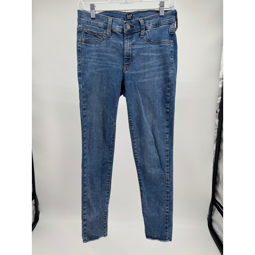Gap Denim Womens Mid Rise Skinny Jeans Medium Wash Raw Hem Blue Size 28